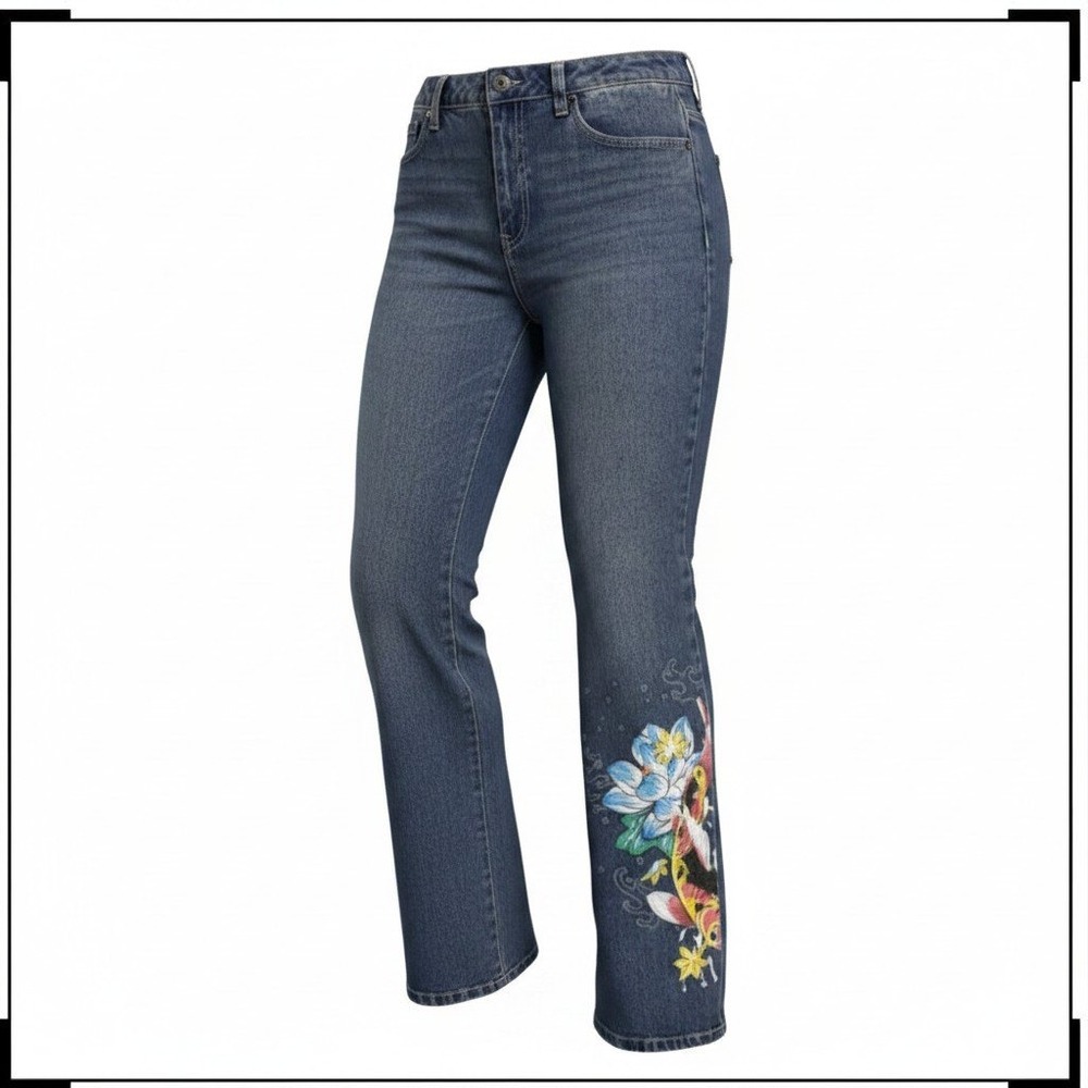 Ed Hardy Baggy Jeans Women 30 Blue Koi Fish Lotus Flower Y2K Tattoo Art Denim